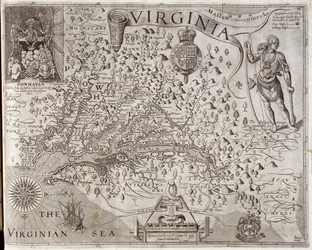 Kort over Virginia, opdaget og beskrevet af kaptajn John Smith, 1606, graveret af William Hole (aktiv 1607-24), udgivet 1612