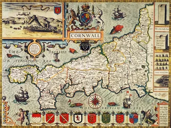 Kort over Cornwall fra "Theatre of the Empire of Great Britain", udgivet i London af George Humble, 1627-udgaven (håndkoloreret stik)