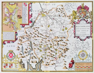 The Countie of Westmorland, graveret af Jodocus Hondius (1563-1612) fra John Speeds Theatre of the Empire of Great Britain, pub. af John Sudbury og George Humble, 1611-12 (håndfarvet kobber engra