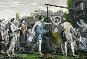 Moses ved brønden, hvor han forsvarer Midians præstedøtre mod hyrderne