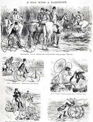 En tegneserie, der forestiller en mand, der jager på en trehjulet cykel. Illustreret af John Tenniel (1820-1914), en engelsk illustrator, grafisk humorist og politisk tegneserieskaber