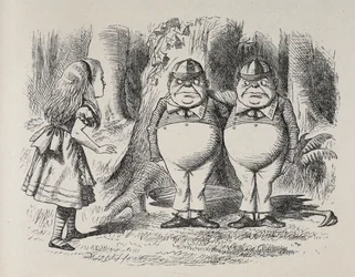Alice møder Tweedle Dee og Tweedle Dum for første gang. De stod under et træ med hver sin arm om halsen på den anden, og Alice vidste, hvad der var hvad om et øjeblik, for den ene havde "Dum" broderet på sin krave, og den anden "Dee.