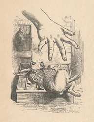 Alice lægger hånden ned til den hvide kanin, 1889