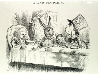 Alice tager Lewis Carrolls "" Alices eventyr i Eventyrland og gennem glasset", illustration af John Tenniel (1820-1914)