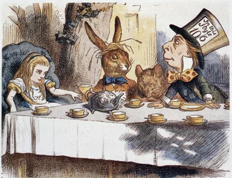 Alice tager „“ hos de tåbelige“““ - i „Alices eventyr i Eventyrland og Gennem spejlet“ af Lewis Carroll, illustration af John Tenniel (1820-1914)
