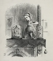Alice krydser spejlet - I "" Alices eventyr i Eventyrland og gennem skueglasset"" af Lewis Carroll, illustration af John Tenniel (1820-1914)