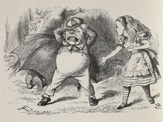 Alice med Angry Tweedledum og gemmer Tweedledee.