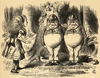 Alice med Tweedledum og Tweedledee. Illustration af Sir John Tenniel