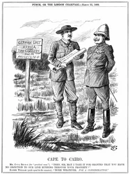 Cecil John Rhodes (1852-1902) engelskfødt sydafrikansk statsmand, der bad den tyske kejser om tilladelse til at føre en telegraflinje gennem det tyske Østafrika. Cape To Cairo, tegneserie af John Tenniel fra 