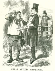 Stor efterårsmanøvre: Gladstone mente, at afstemningen i sidste ende måtte gives til landbrugsarbejdere (Hodge). På dette tidspunkt var hans premierskab rystet, og Disraeli venter på at tage hans plads. John Tenniel tegnefilm fra Punch, London, 9. august 1