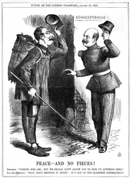 Napoleon III, fransk kejser 1852-1870, klædt ud som en kludeplukker (Chiffonnier), advaret af Otto von Bismarck, den preussiske kansler. Napoleons territoriale ambitioner førte til den fransk-preussiske krig 1870-71. John Tenniel tegnefilm fra Punch, Londo
