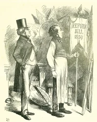 Politisk økonomi: Reform af parlamentet - forlængelse af franchisen. Disraeli (kansler) og Derby (premierminister) støver reformforslaget af. I 1867 fremlagde Disraeli et nyt lovforslag. John Tenniel tegnefilm fra Punch, London
