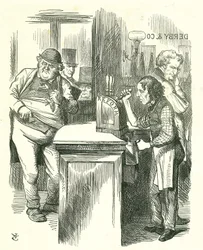 The Honest Pot Boy: Reform of Parliament - forlængelse af franchisen. Disraeli serverer reform for John Bull overvåget af hans parlamentariske opposition. Han fremlagde og gennemførte sit reformforslag. Tenniel tegnefilm fra Punch, London