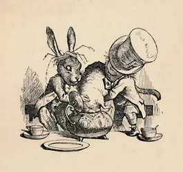 Den gale hattemager og martsharen forsøger at putte sovemusen i en tekande, 1889