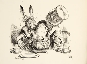 Den Gale Hattemager og Marts-haren putter Syvsoveren i tekanden, fra «Alice i Eventyrland» af Lewis Carroll (1832-98), udgivet 1891