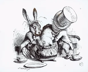 Den gale Hattemager og Marts Haren putter Syvsoveren i tekanden, illustration fra «Alice i Eventyrland» af Lewis Carroll, 1865