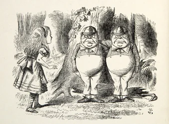 Tweedledum og Tweedledee, illustration fra Through the Looking Glass, af Lewis Carroll (1832 - 98), 1872