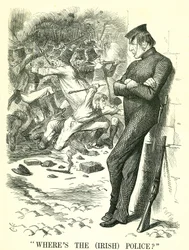 Hvor er det (irske) politi?: William Gladstone, britisk premierminister, ser urolighederne i Irland og venter på at gribe ind. I april blev en ny irsk fredsbevarelseslov vedtaget af parlamentet. John Tenniel tegnefilm fra Punch, London