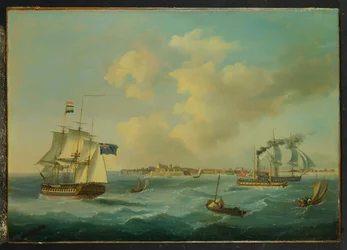 En fregat med 44 kanoner, en passagerhjul-damper og anden forsendelse fra St.Peter Port, Guernsey, 1825