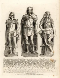 Den britiske kong Lud og hans sønner Angrogeus og Theomantius (Temantius), reparatør af murene i Trinovantum, senere Caer Lud eller Luds Town, 66AD