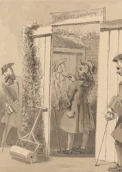 Hogarth, der er ude af sin tid, tegner sin ledsagers figur på døren til et bestemt sted til stor beundring for alle hans venner
