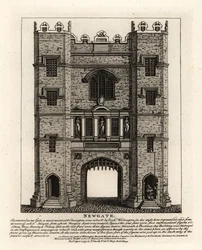 Newgate, genopbygget i 1672 efter branden i London, med tre figurer Retfærdighed, Fortitude og Prudence fra den tidligere port bygget af Londons borgmester Richard Wittington