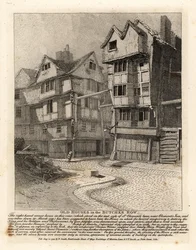 Gamle huse i Butcher Row, London. Hjørnehuset til højre i St Clement