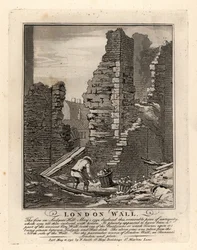Ruiner af den romerske London-mur blotlagt ved branden i maj 1792 på Ludgate Hill