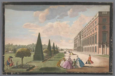 Udsigt over Hampton Court Palace i London set fra øst Et skråt perspektivbillede af Hampton Courts østfront med den lange gåtur og en del af haven (titel på objektet)