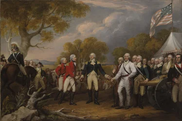 Slaget ved Saratoga, den britiske general John Burgoyne overgav sig til den amerikanske general, Horatio Gates, 17. oktober 1777, ca. 1822-32