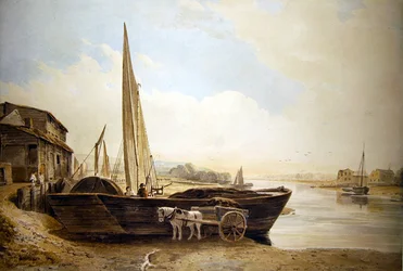 En Thames pram strandet til losning (akvarel med spor af blyant på papir)