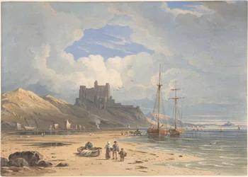 Bamborough Castle fra nordøst med Holy Island i det fjerne, Northumberland