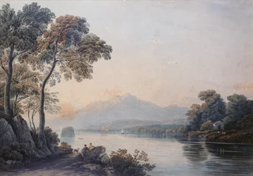 Figurer med en hund på bredden af Lake Killarney (akvarel)