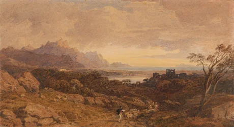 Romantisk landskab med fjerne bjerge