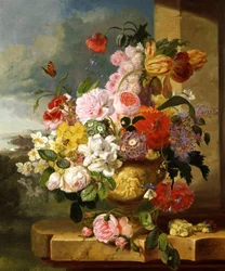 Stilleben med blomster i en vase (bl.a. påskeliljer, roser, tulipaner og primula). Maleri af John Wainewright (f. 19. århundrede) Privat samling.