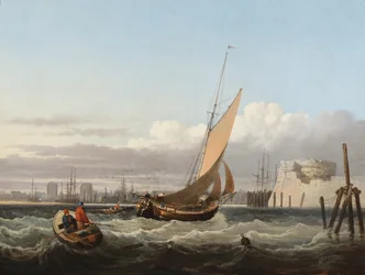 Et værftsskib drejer ind i havnen i Portsmouth (olie på panel)