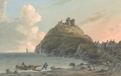 Ruinerne af Criccieth Castle og en del af byen ved bugten på Cardigan. East View, Caernarfonshire