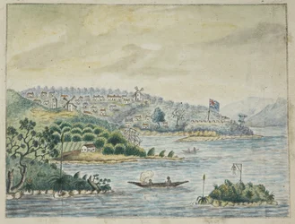 Tilføje. 13880, f.79 Udsigt over en britisk koloni. I forgrunden, indfødte i en kano, fra en Journal holdt ombord på Minerva-transporten, fra Irland til New South Wales og Bengal, af John Washington Price