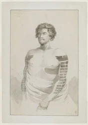 (Hel tegning) Portræt af en høvding fra Borabora, [Puni?]; en skægget mand med arme stærkt tatoveret med flade rektangulære pletter og et stort plaster på venstre side. december 1777