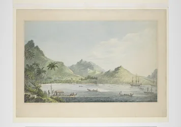16: A View of Huaheine, fra en række akvareller, der illustrerer Captain Cooks sidste rejse, ca. 1773-84 (akvarel på papir)