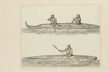 30: Canoes of Onalaska, fra en række akvareller, der illustrerer Captain Cooks sidste rejse, ca. 1773-84 (wc på papir)