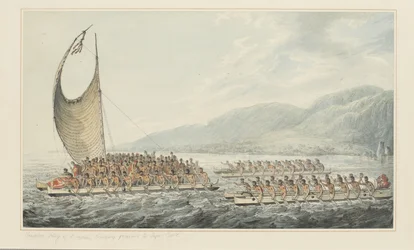 35: Tereoboo, King of Owyhee, bringer gaver til Captain Cook, fra en række akvareller, der illustrerer Captain Cooks sidste rejse, ca. 1773-84 (akvarel på papir)