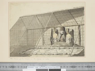 F.18 Indersiden af huset, i Morai, i Atooi, ca. 1773-84 (akvarel)