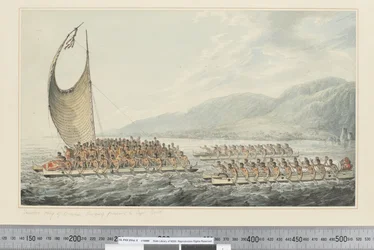 F.35 Tereoboo, konge af Owyhee, bringer gaver til Capt. Cook, ca. 1773-84 (akvarel)