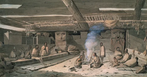 Interiør af Nootka indianerhus, af John Webber, tegning