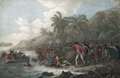 Kaptajn James Cook (1728-1779, britisk opdagelsesrejsende) dræbt af Hawaiian indfødte i Kealakekua Bay, på Sandwichøerne (Polynesien), i 1779 - Kaptajn James Cooks død den 14. februar