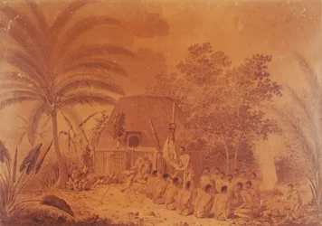 Ofringer til kaptajn James Cook, gravering af John Webber, Polynesien 18. århundrede.