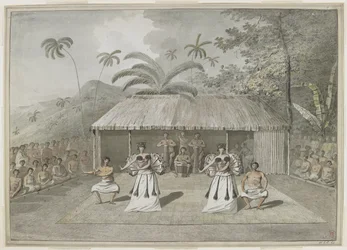 [Hele tegningen] En dans eller heiva på Otaheite [Tahiti]. To mænd og to kvinder danser med trommeslagere bagved og tilskuere på begge sider. september 1777