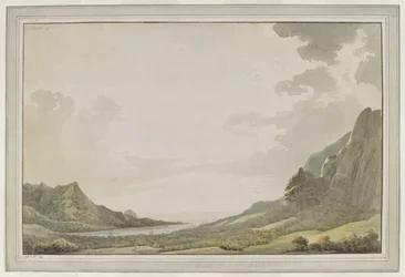 [Hele tegningen]. Udsigt fra Aimeo Havn [Papetoai-bugten] ud mod havet; masterne på „Resolution“ og „Discovery“ er synlige i bugten. Kaptajn Cook besøgte Moorea i oktober 1777