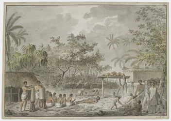 [Hel tegning] Menneskeofring ved den store morai ved Attahouroo [Utuaimahurau], Tahiti, bevidnet af kaptajn Cook den 1. september 1777. En bundet skikkelse i forgrunden med mænd, der graver et hul til kroppen bagved, og hvad der indeholdt to hunde og thr